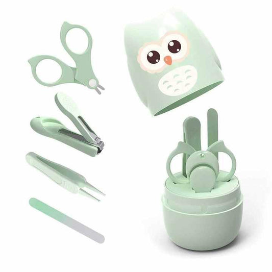 Set de manicure para bebé con diseño de búho verde menta, incluye tijeras, cortaúñas, pinzas y lima.