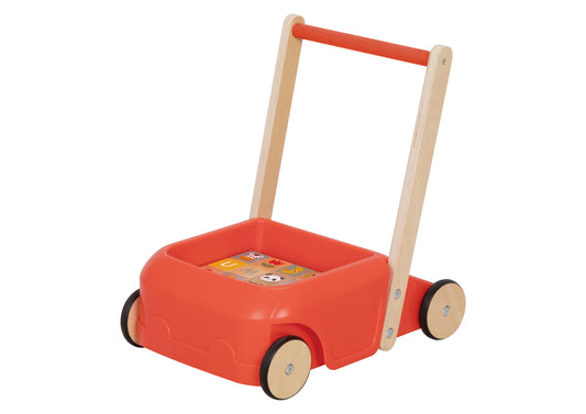 “Andador de madera Montessori color rojo con cubos ilustrados”