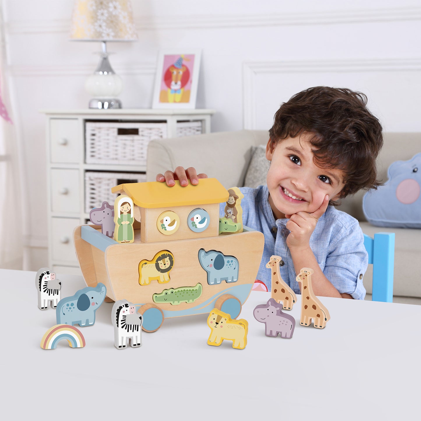 “Juguete educativo de madera con figuras de animales y arca”