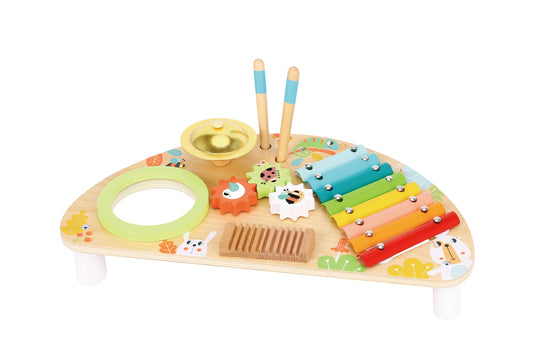 “Centro musical de madera Montessori con xilófono, platillos y tambor”