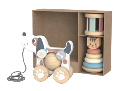 “Set Montessori 3 en 1 de madera con perrito de arrastre, torre apilable y rodillo”