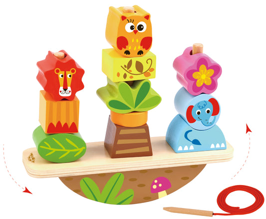 “Torre de equilibrio Montessori de madera con piezas de animales”