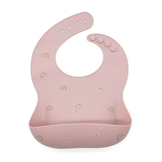 Babero de silicona con bolsillo recogedor y estampado de arcoíris, color rosa empolvado