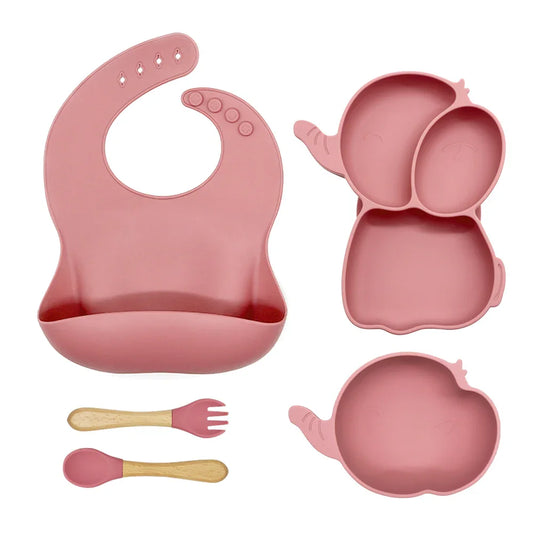 Set de alimentación de silicona para bebés con babero, plato elefante, bowl con ventosa y cubiertos, color rosado oscuro