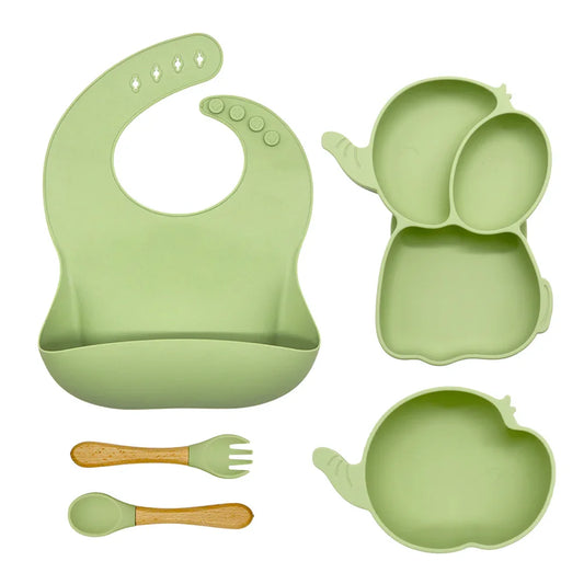 Set de alimentación de silicona con babero, plato elefante compartimentado, bowl con ventosa y cubiertos, color verde oliva.