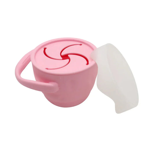 Snack cup retráctil de silicona con tapa y mango lateral, color rosado