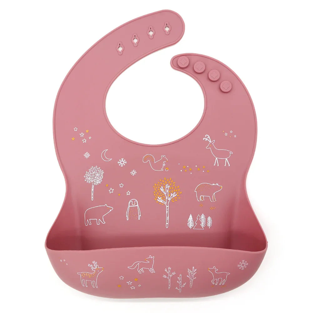 Babero de silicona con bolsillo recogedor y estampado de animales, color rosa oscuro.