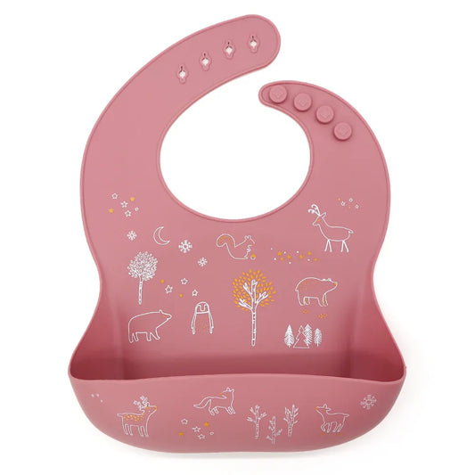 Babero de silicona con bolsillo recogedor y estampado de animales, color rosa oscuro.