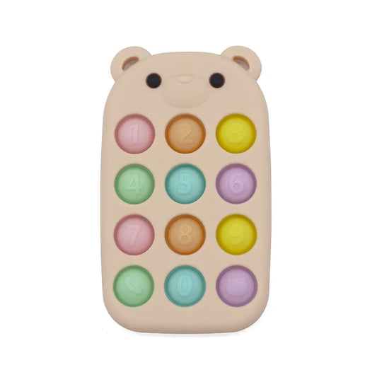 Teléfono pop it de silicona en forma de osito con botones numerados.