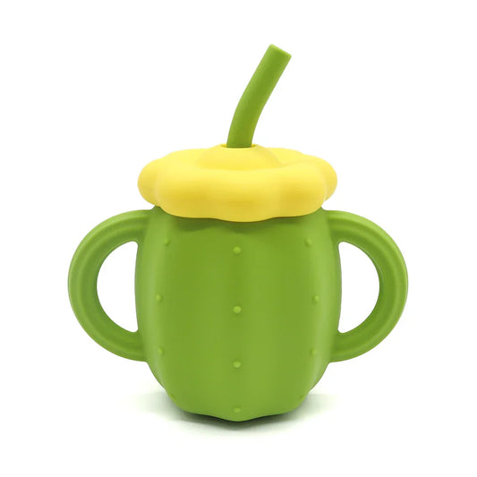Vaso infantil de silicona con bombilla y tapa, diseño cactus verde