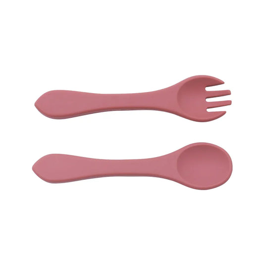 Set de cubiertos de silicona (cuchara + tenedor) para bebés, color rosado oscuro