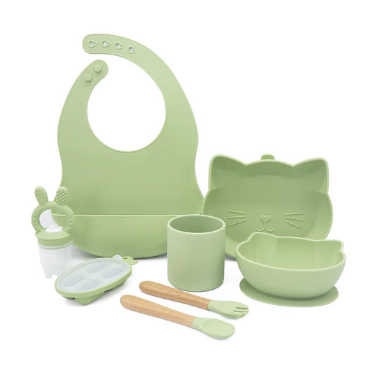 Set Kitten de silicona completo para bebés, incluye babero, platos, vaso, cubiertos y accesorios, color verde oliva