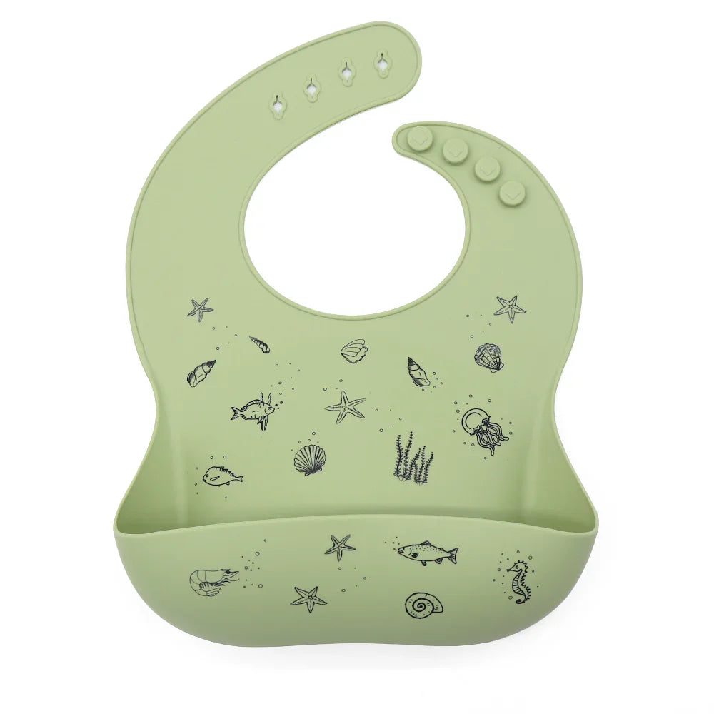 Babero de silicona con diseño marino y cierre ajustable, color verde oliva