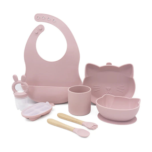 Set Kitten de alimentación de silicona para bebés, con babero, plato, bowl, vaso, cubiertos, feeder y bandeja, color rosado empolvado.