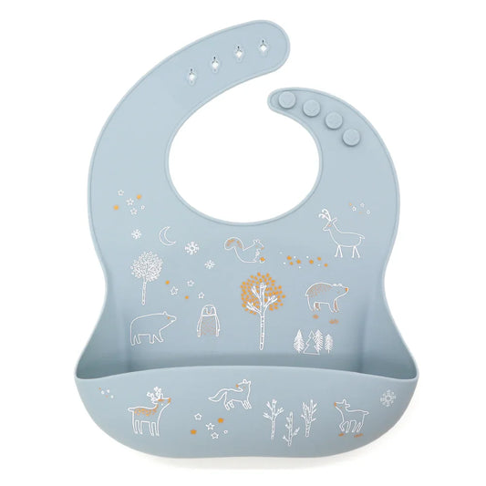 Babero de silicona con cierre ajustable y bolsillo recogedor, estampado de animales, color verde oliva.
