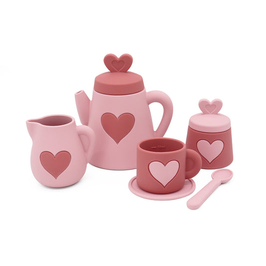 Set completo de té de silicona con corazones (tetera, jarra, taza, azucarero y cuchara).
