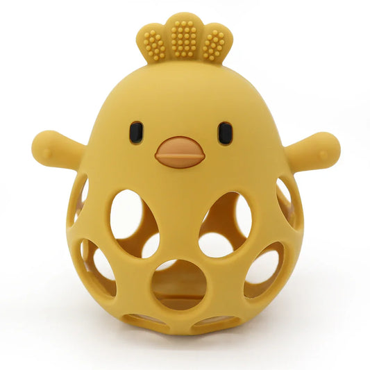 Mordedor de silicona en forma de pollito color mango, vista frontal