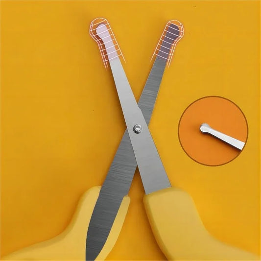 Tijeras de seguridad para bebé con puntas redondeadas y mango ergonómico, corte preciso.