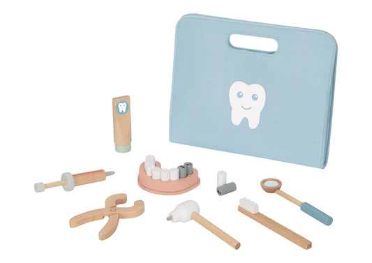 “Set de dentista Montessori de madera con maletín azul y accesorios”
