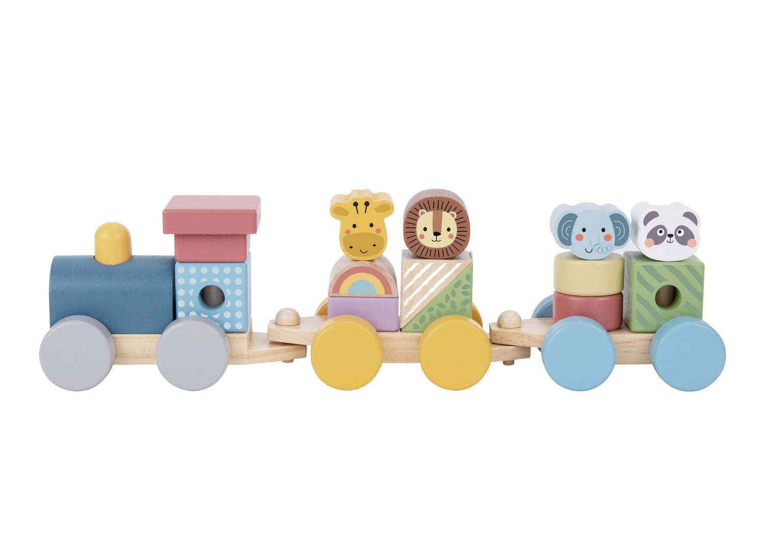 “Tren de madera apilable con bloques y animales, 16 piezas”