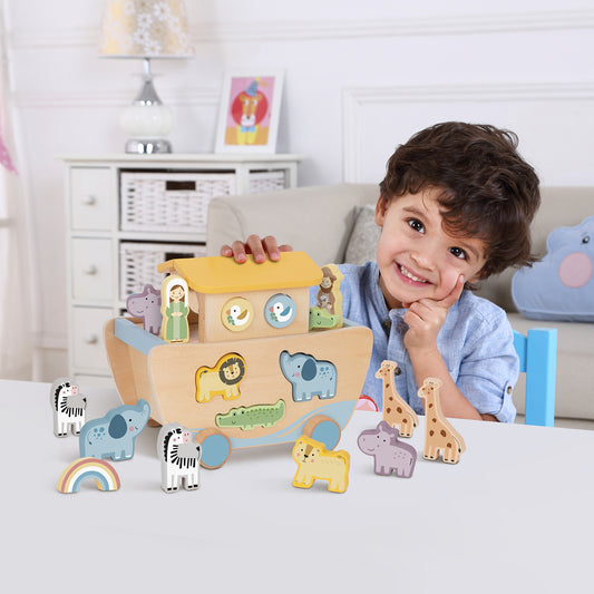 “Juguete educativo de madera con figuras de animales y arca”