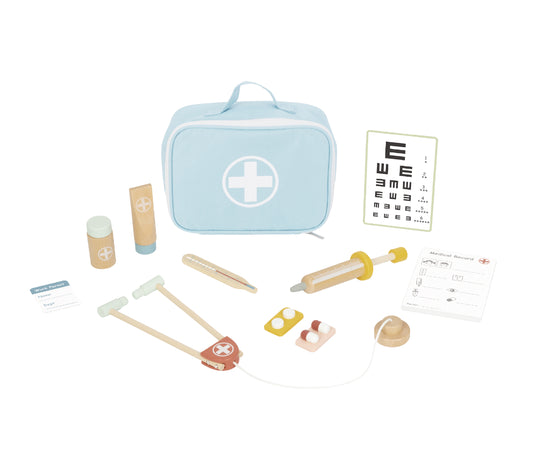 “Set de doctor Montessori de madera con maletín azul y accesorios médicos”