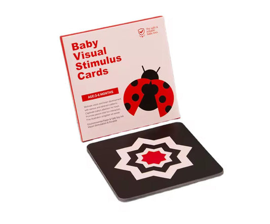 Tarjetas de estímulo visual para bebés con caja roja y diseño de mariquita.