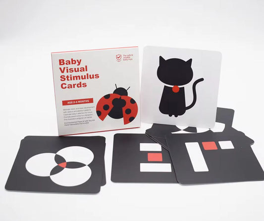 Set de tarjetas de alto contraste en blanco, negro y rojo para bebés de 3 a 6 meses.