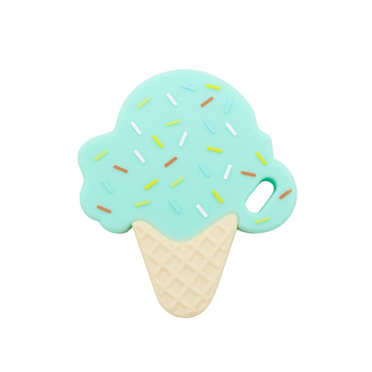 Mordedor de silicona con forma de helado verde agua, con medidas de 8x7 cm y peso de 35 g