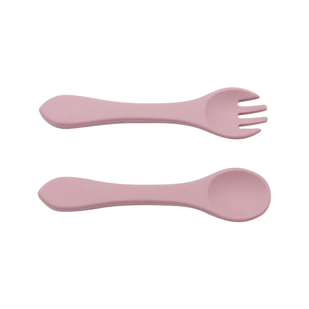 Set de cuchara y tenedor de silicona para bebés, color rosado empolvado