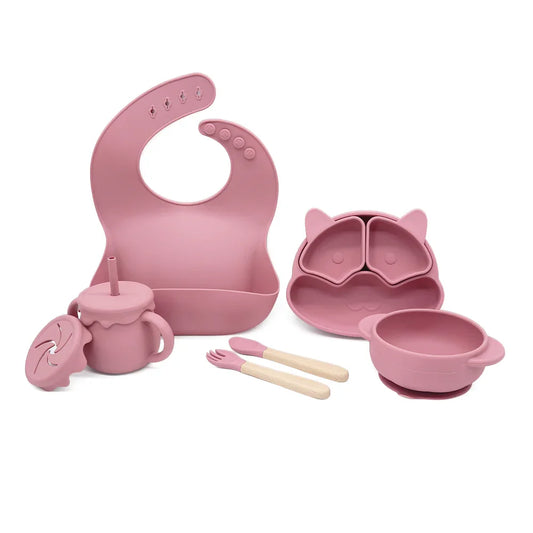 Set Puppy de alimentación de silicona para bebés, incluye babero, plato perrito, bowl, vaso 3 en 1 y cubiertos, color rosa oscuro
