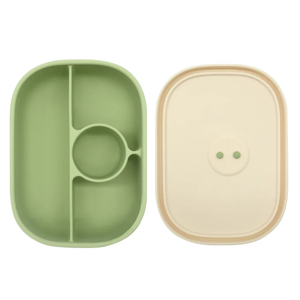 Plato bento de silicona con tapa y compartimentos para bebés, color verde oliva destapado