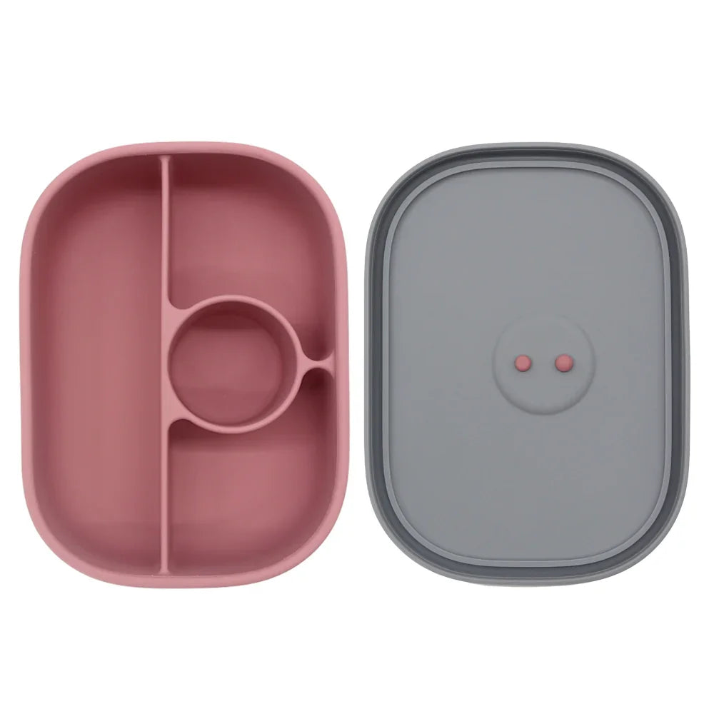 Plato bento de silicona con tapa y compartimentos para bebés, color rosa empolvado destapado