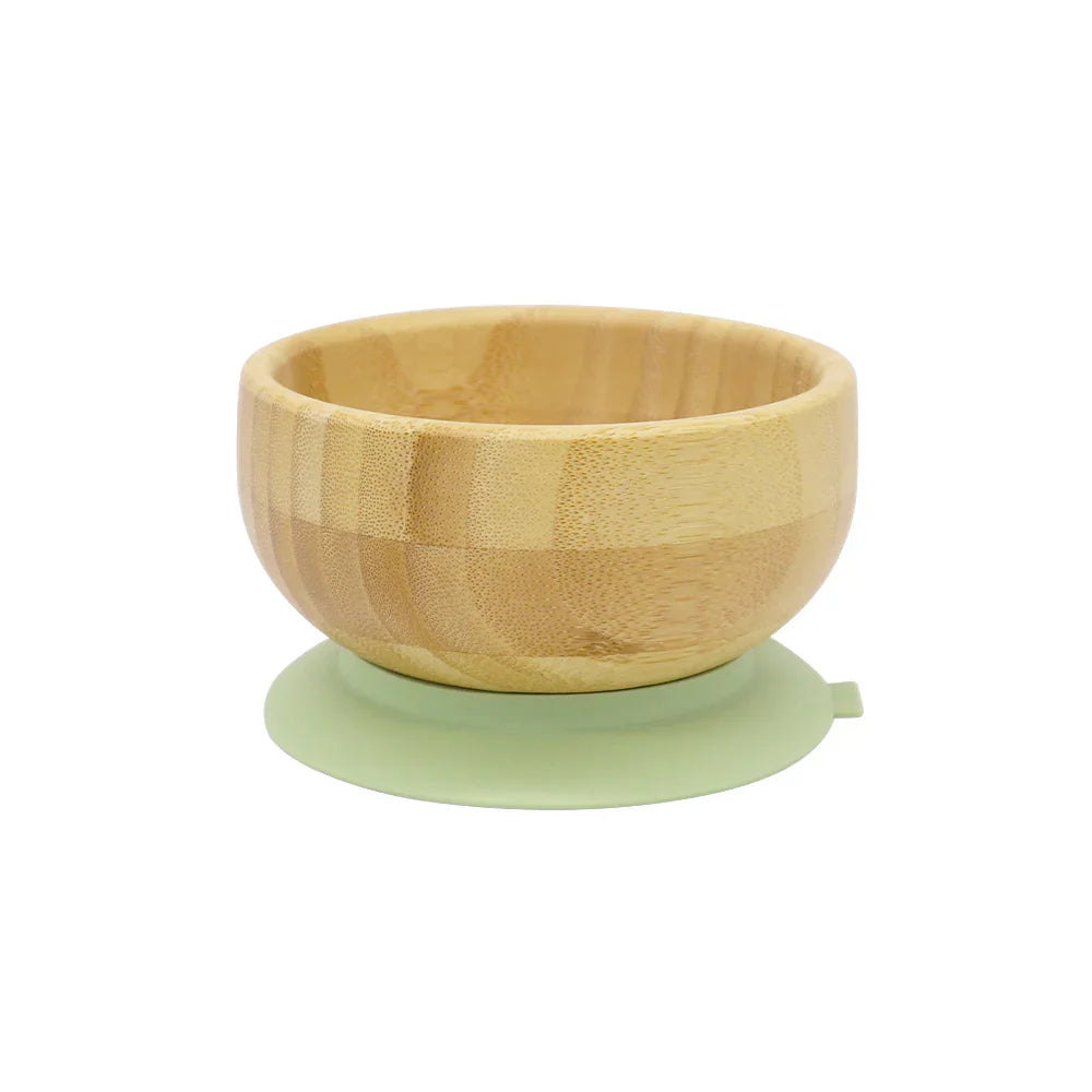 Bowl de bambú con ventosa de silicona verde oliva para bebés