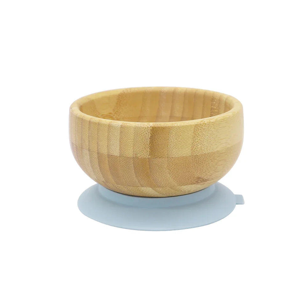 Bowl de bambú con ventosa de silicona azul empolvado para bebés