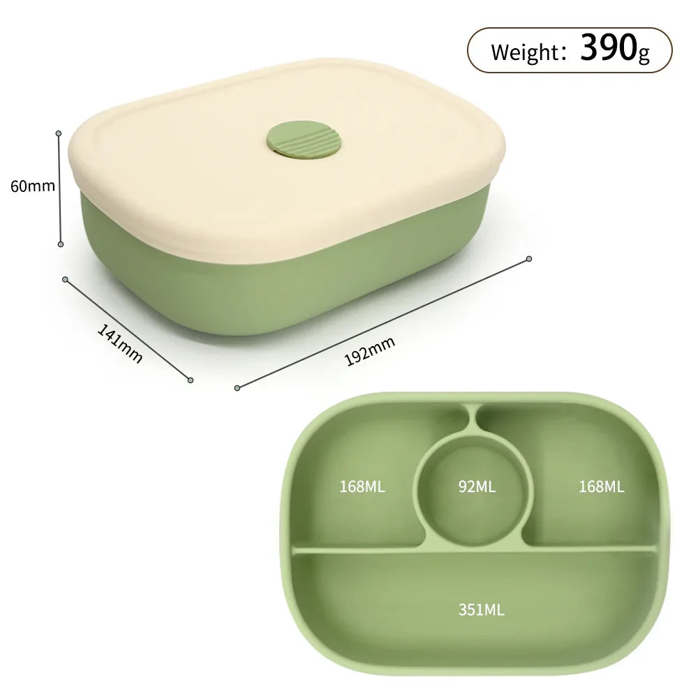 Plato bento de silicona con tapa y compartimentos para bebés, dimensiones