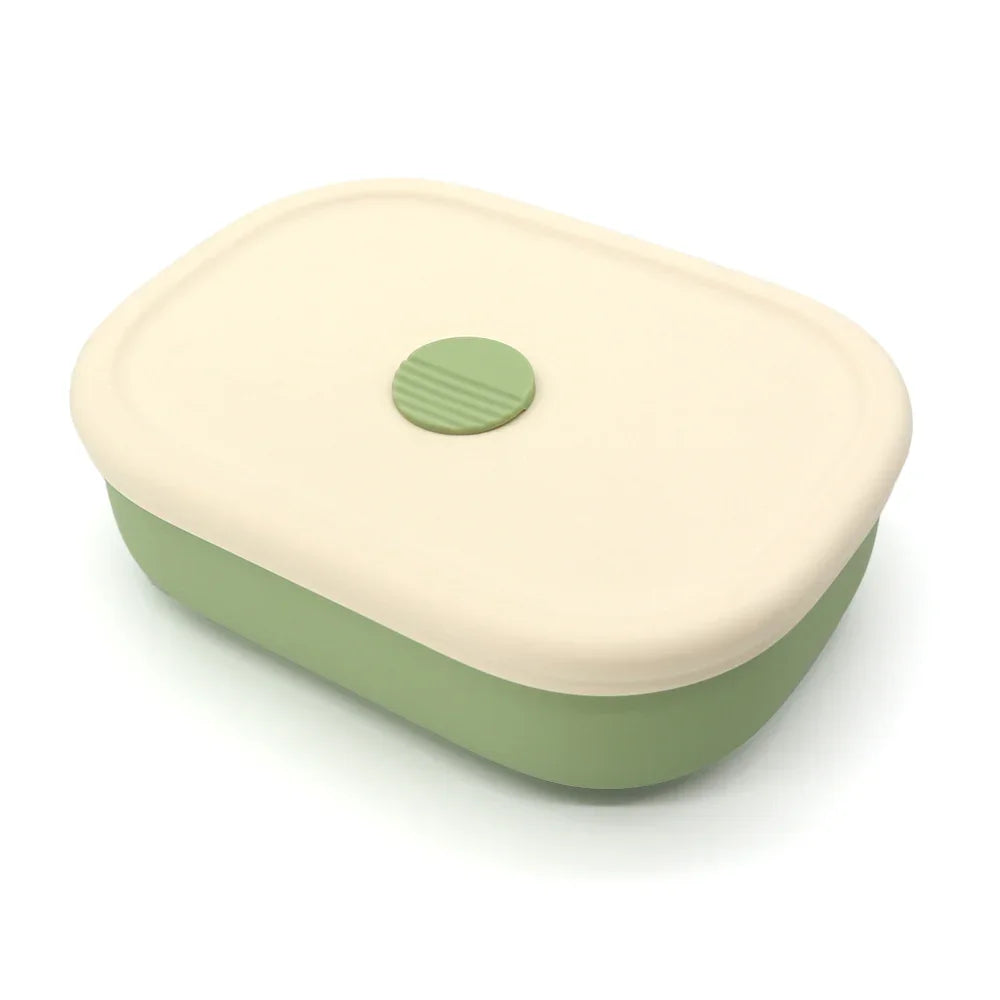 Plato bento de silicona con tapa y compartimentos para bebés, color verde oliva tapado
