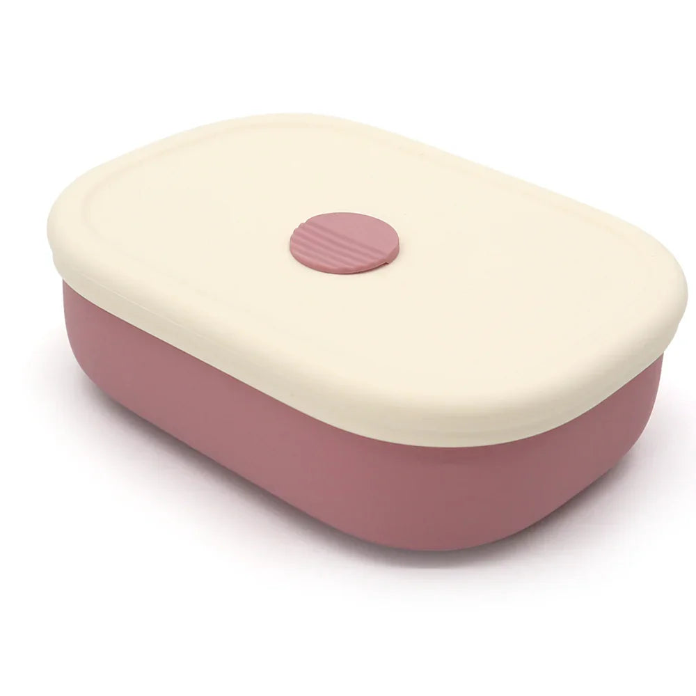 Plato bento de silicona con tapa y compartimentos para bebés, color rosa empolvado tapado
